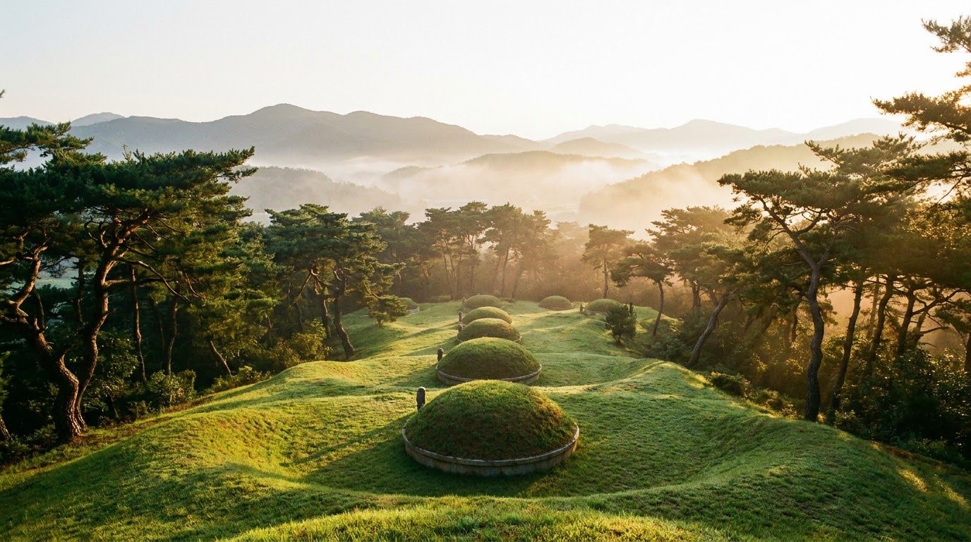 Korean burial site at sunrise